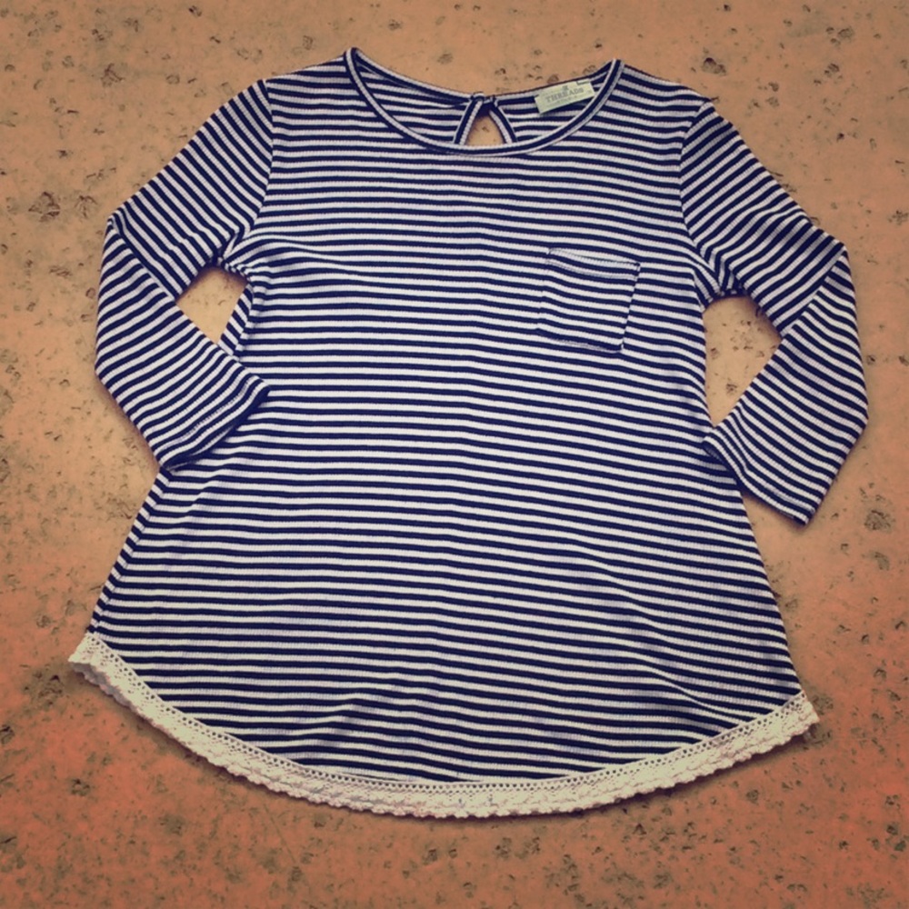 Blue and white striped long sleeve T-shirt